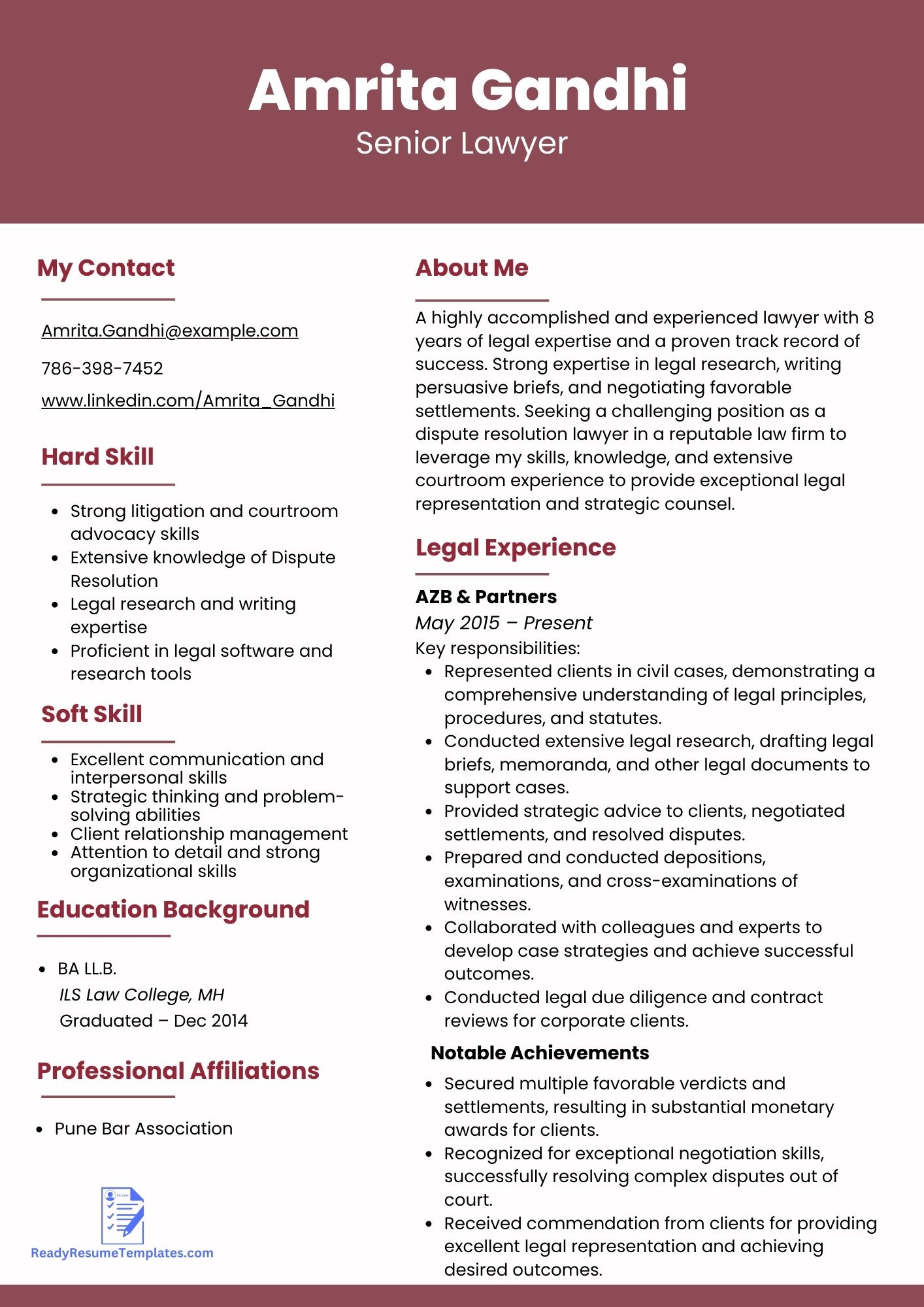 ATS Friendly Lawyer Resume Templates For 2023 Ready Resume Templates   Double Column Lawyer Resume 