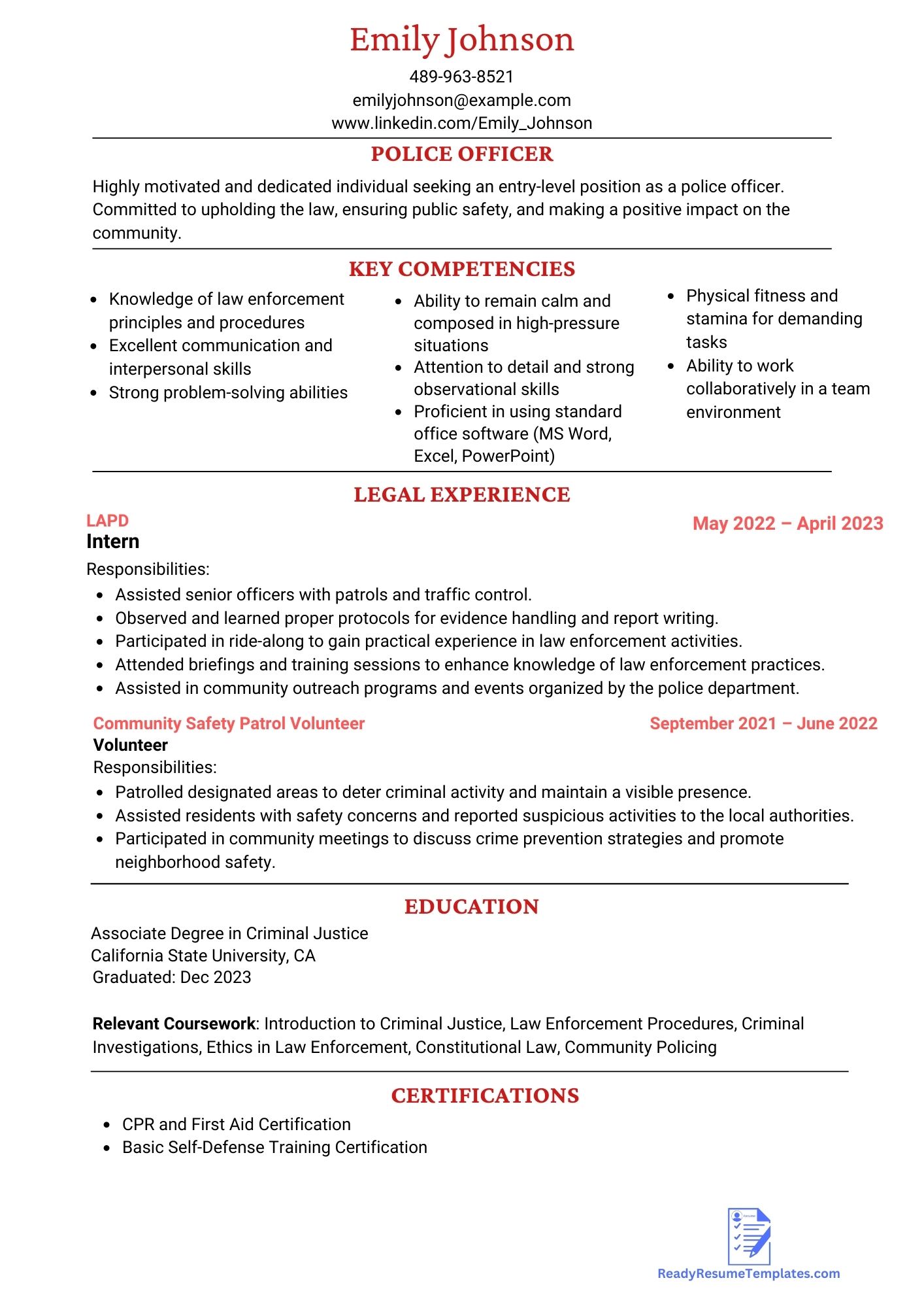 ATS-Friendly Police Officer Resume Templates For 2023 - Ready Resume ...