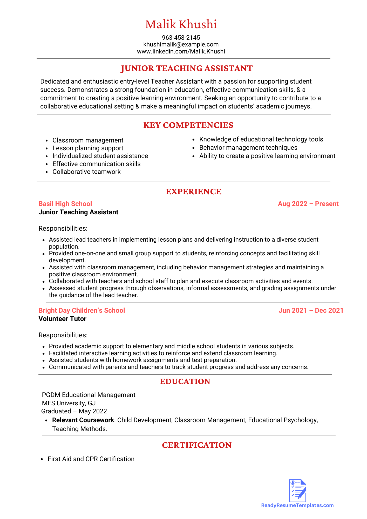 ATS-Friendly Teacher Assistant Resume Templates For 2023 - Ready Resume ...