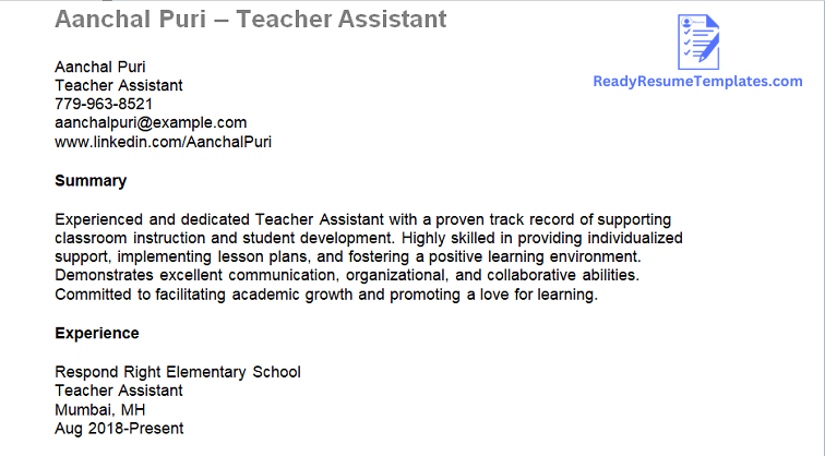 teacher assistant resume template