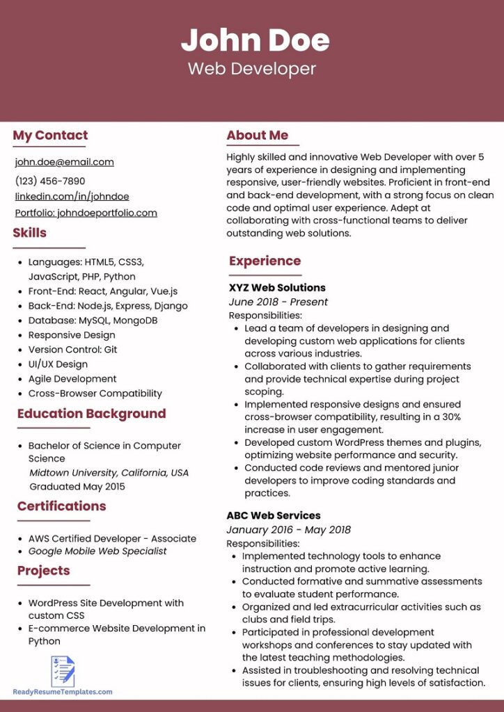 ATS-Friendly Web Developer Resume Template For 2023 - Ready Resume ...
