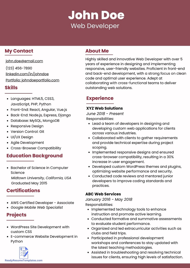 ATS-Friendly Web Developer Resume Template For 2023 - Ready Resume ...