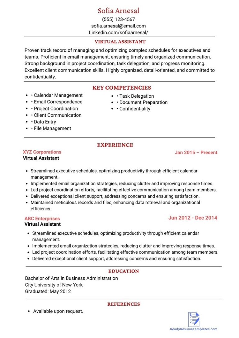 ATS-Friendly Virtual Assistant Resume Templates For 2023 - Ready Resume ...