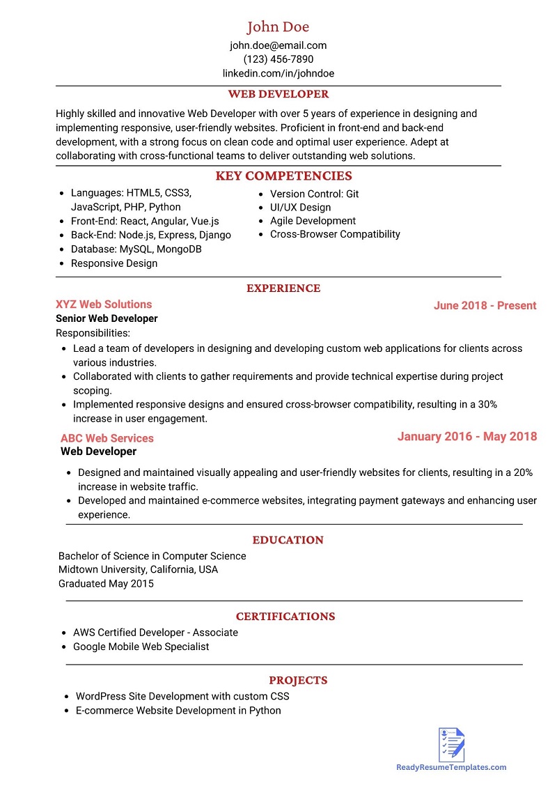 ATS-Friendly Web Developer Resume Template For 2023 - Ready Resume ...