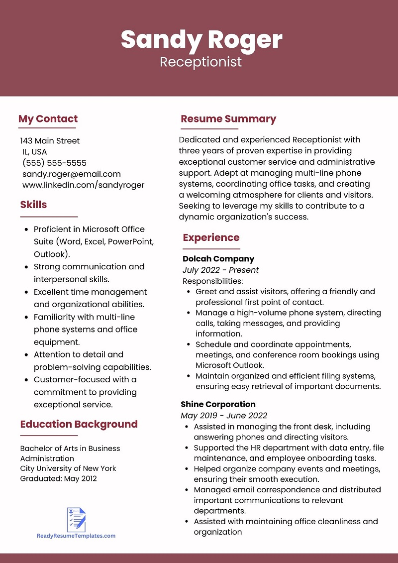 ATS Friendly Receptionist Resume Templates For 2023 Ready Resume   Double Column Receptionist Resume Format 